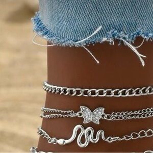 SHEIN Silver Butterfly & Snake Layered Anklet Set